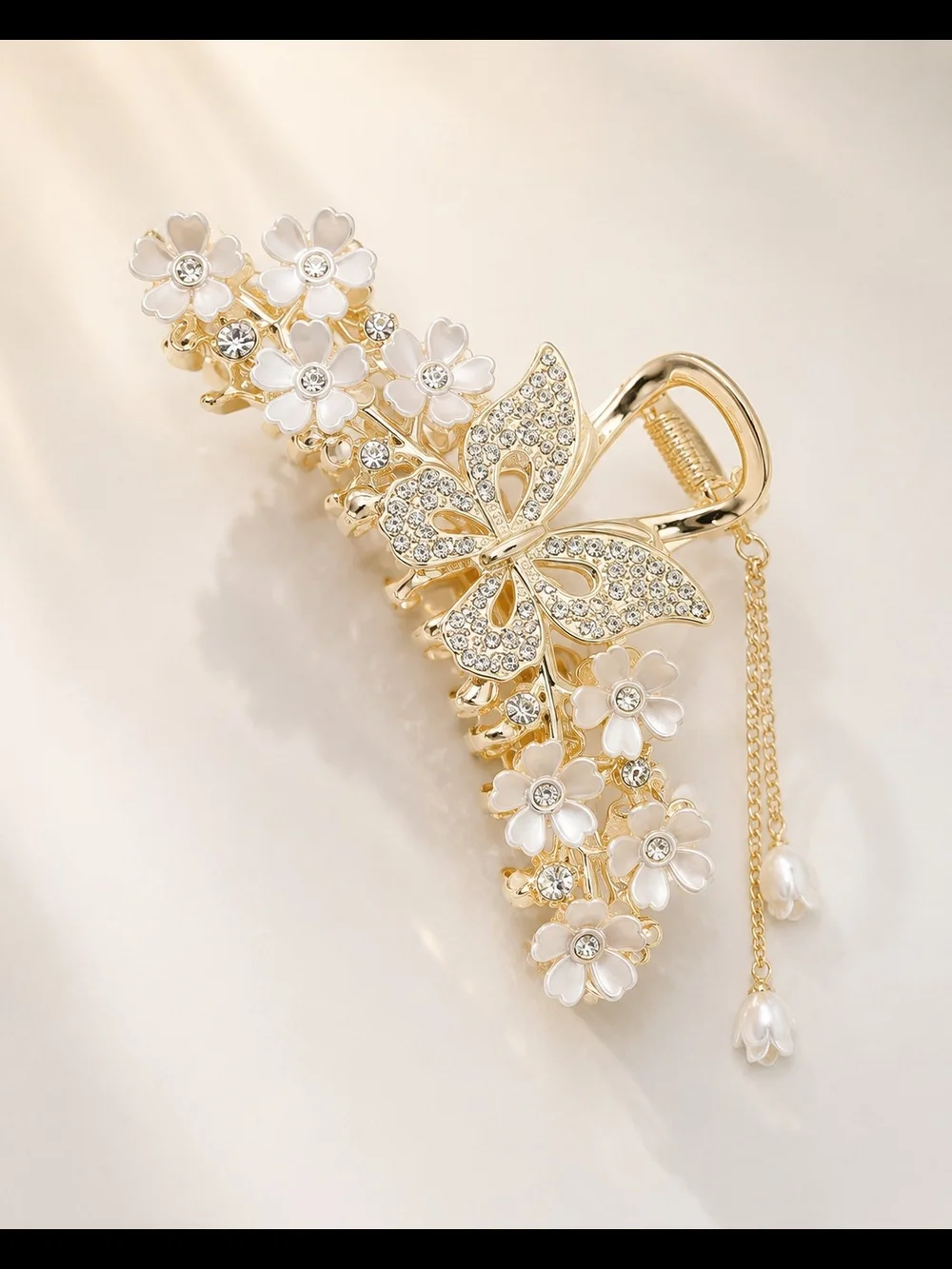 Gold Butterfly Floral Hair Clip with White Flowers